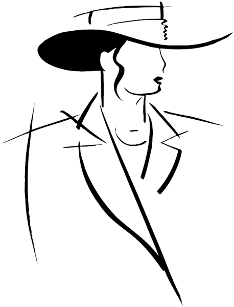Fashionable lady in wide brim hat vinyl sticker. Customize on line. Hats 049-0115
